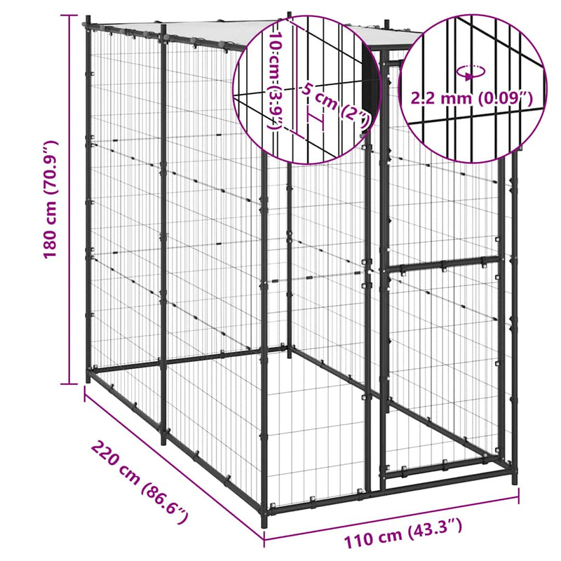 vidaXL Outdoor Dog Kennel Steel with Roof 110x220x180 cm