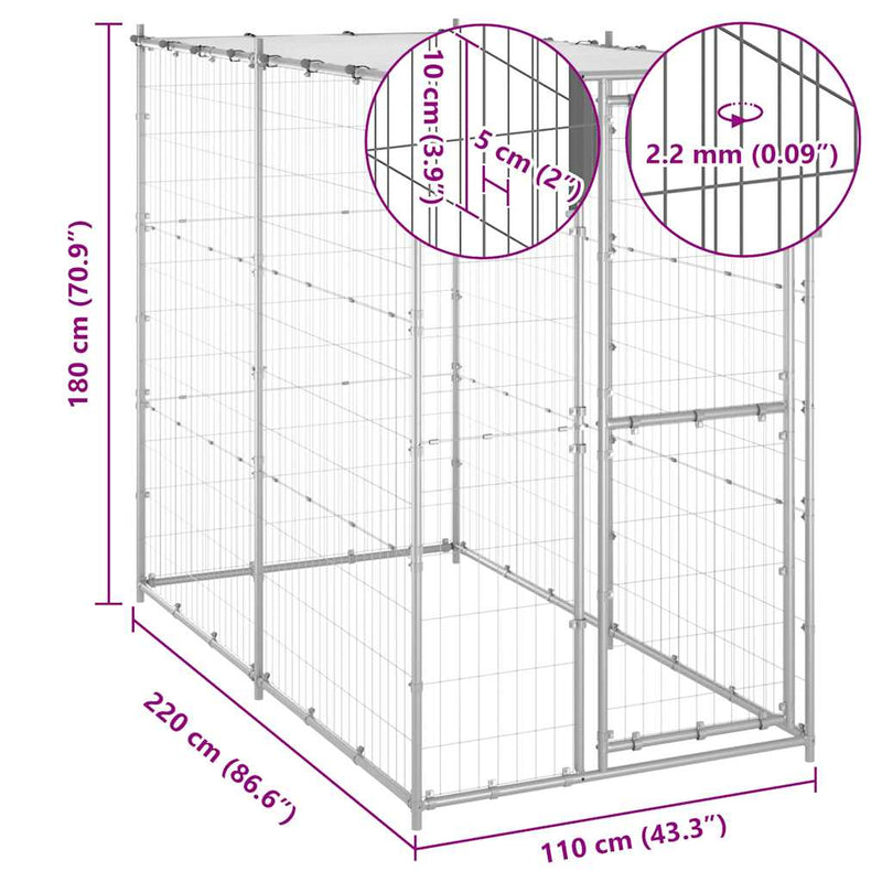 vidaXL Outdoor Dog Kennel Galvanised Steel with Roof 110x220x180 cm