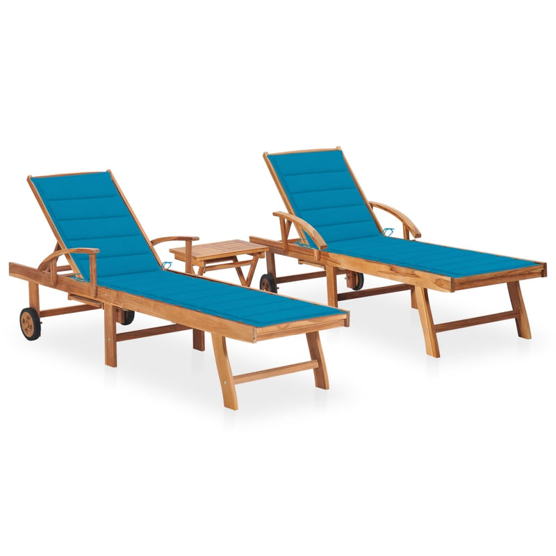 vidaXL Sun Loungers 2 pcs with Table and Cushion Solid Teak Wood