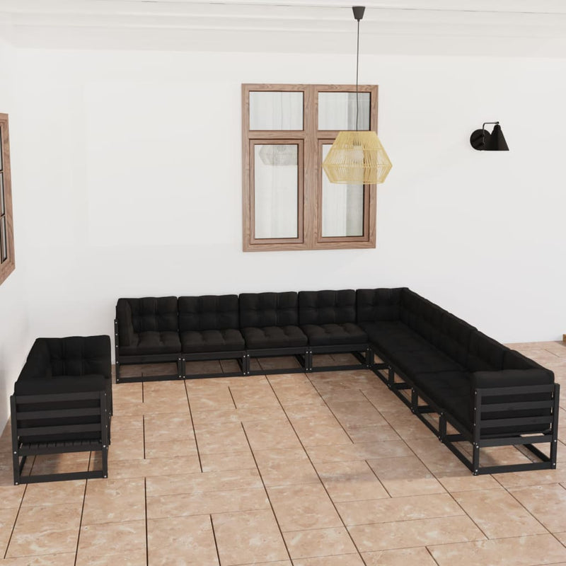 vidaXL 11 Piece Garden Lounge Set with Cushions Black Solid Pinewood