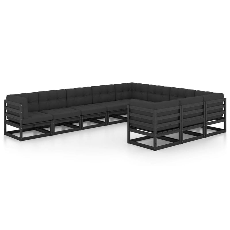 vidaXL 10 Piece Garden Lounge Set with Cushions Black Solid Pinewood
