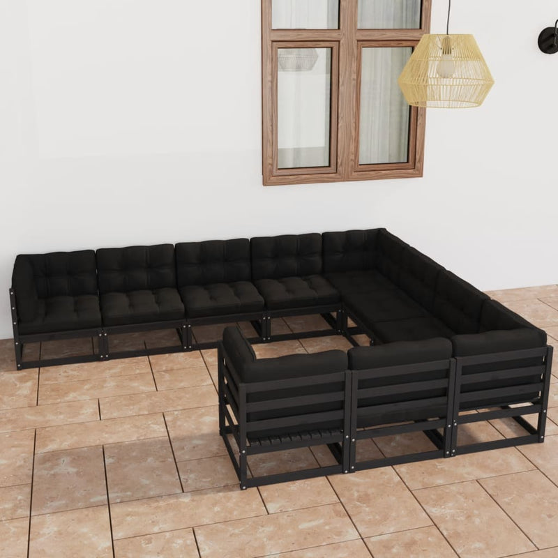 vidaXL 10 Piece Garden Lounge Set with Cushions Black Solid Pinewood