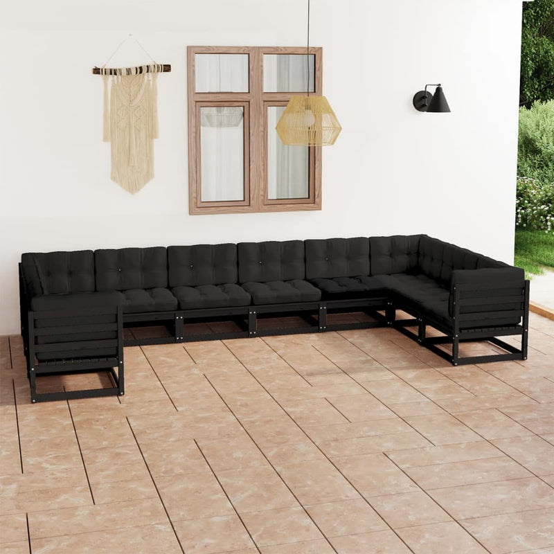 vidaXL 10 Piece Garden Lounge Set with Cushions Black Solid Pinewood