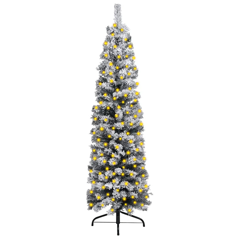 Slim Pre-lit Christmas Tree with Flocked Snow Green 120 cm PVC