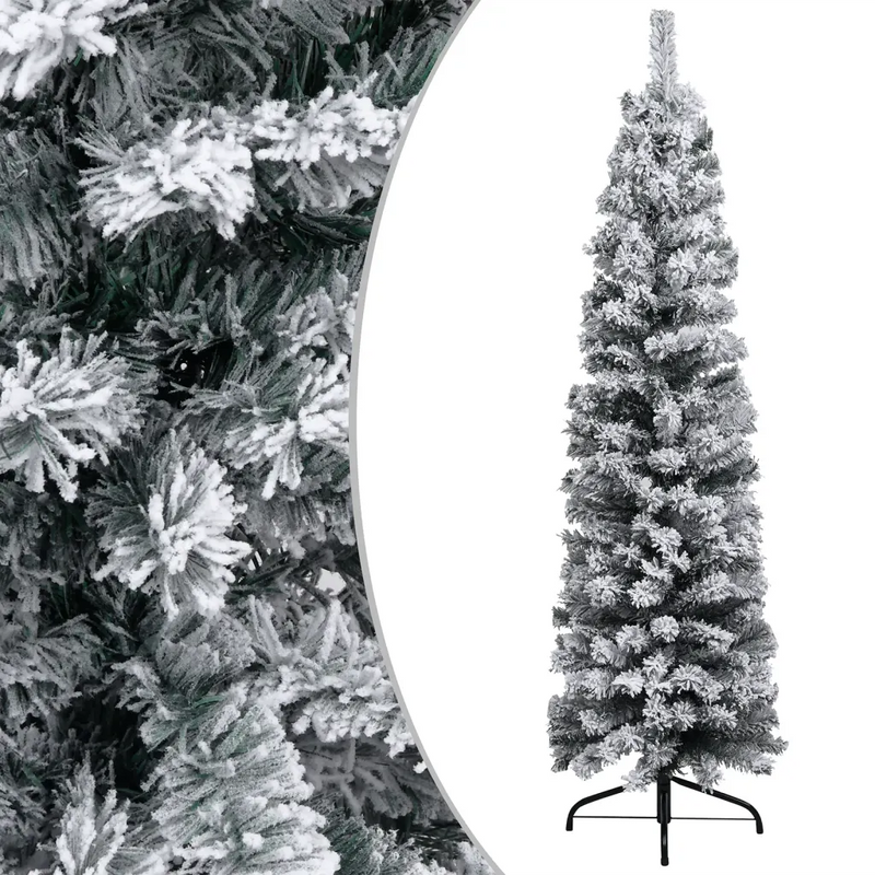 Slim Pre-lit Christmas Tree with Flocked Snow Green 120 cm PVC