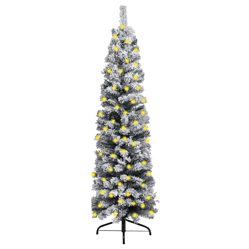 Slim Pre-lit Christmas Tree with Flocked Snow Green 150 cm PVC