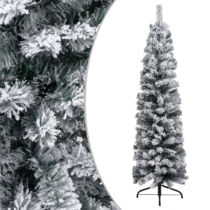 Slim Pre-lit Christmas Tree with Flocked Snow Green 150 cm PVC