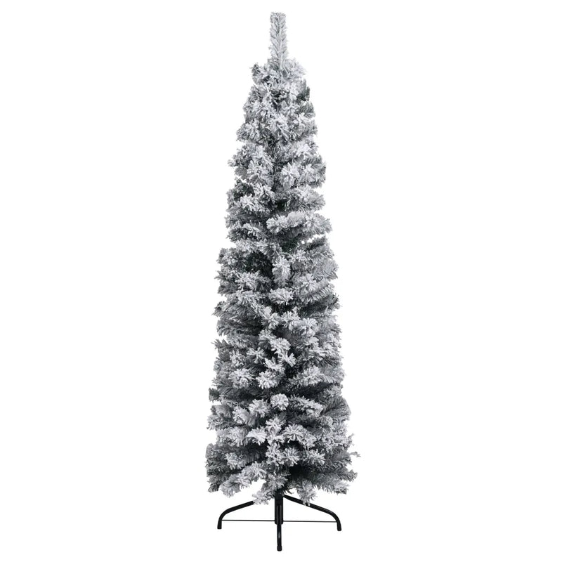 Slim Pre-lit Christmas Tree with Flocked Snow Green 150 cm PVC
