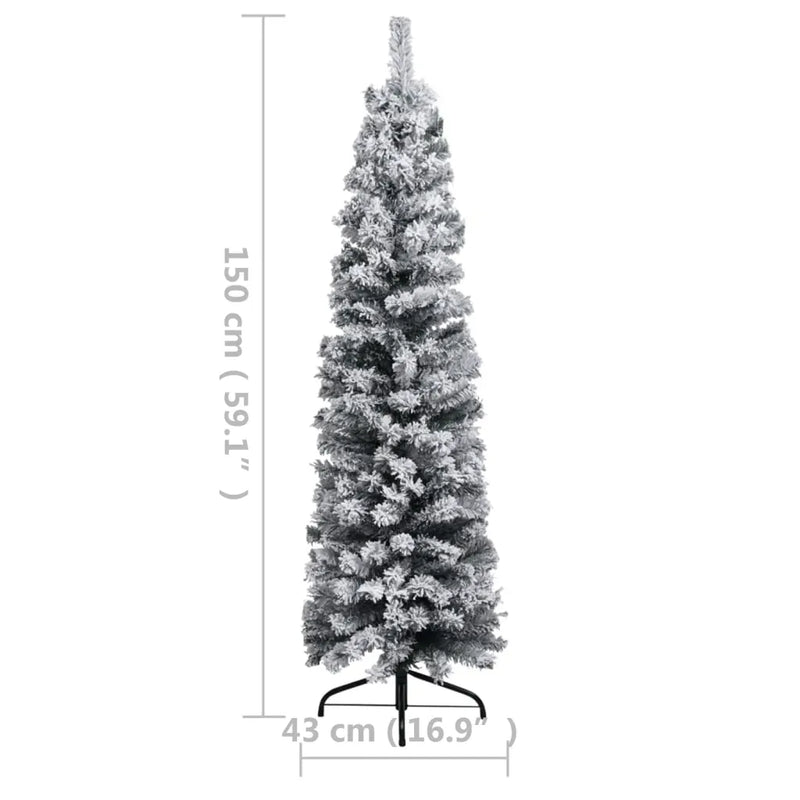 Slim Pre-lit Christmas Tree with Flocked Snow Green 150 cm PVC