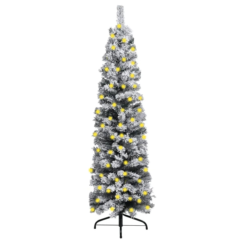 Slim Pre-lit Christmas Tree with Flocked Snow Green 180 cm PVC