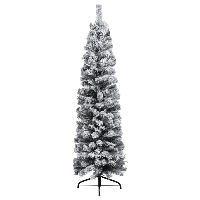 Slim Pre-lit Christmas Tree with Flocked Snow Green 180 cm PVC
