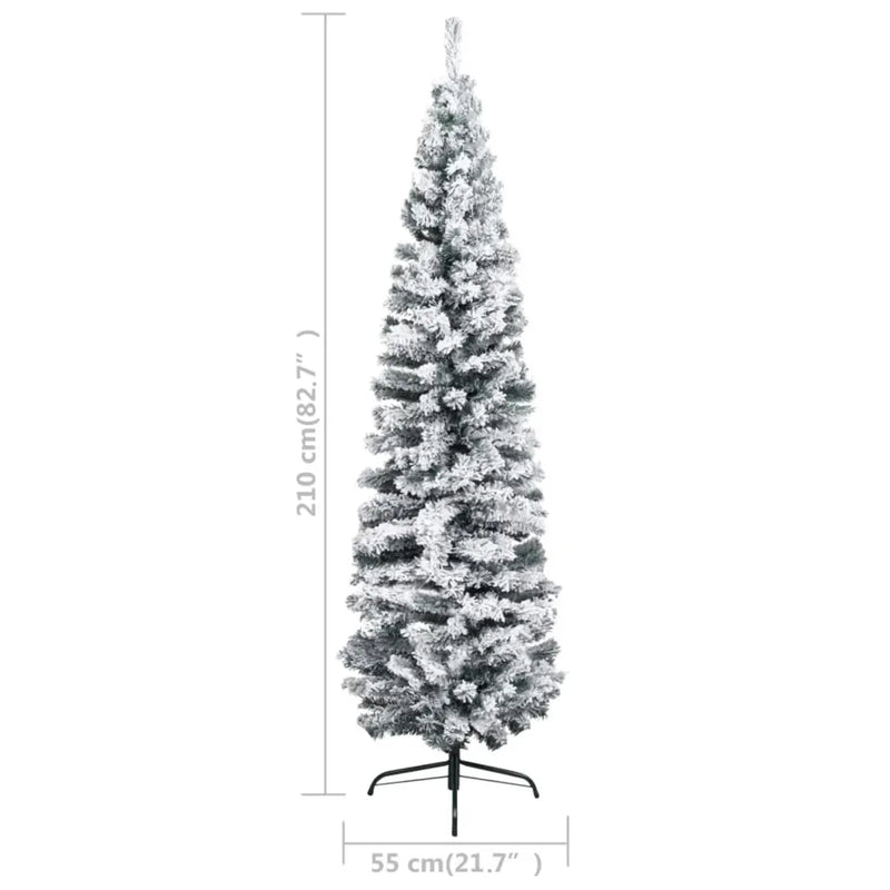 Slim Pre-lit Christmas Tree with Flocked Snow Green 210 cm PVC