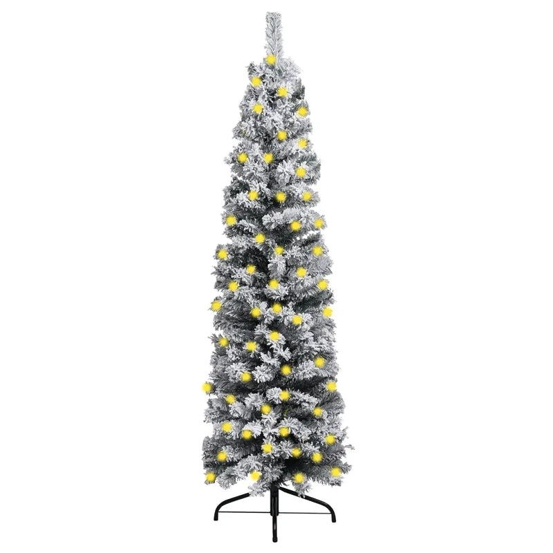 Slim Pre-lit Christmas Tree with Flocked Snow Green 240 cm PVC