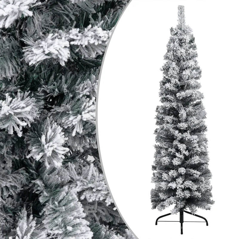 Slim Pre-lit Christmas Tree with Flocked Snow Green 240 cm PVC