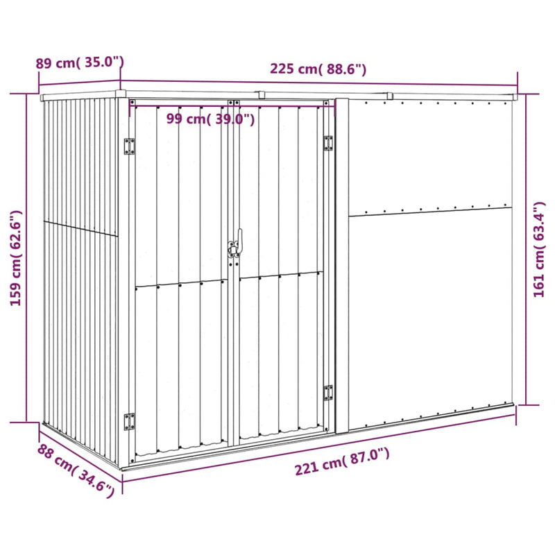 vidaXL Garden Tool Shed Grey 225x89x161 cm Galvanised Steel