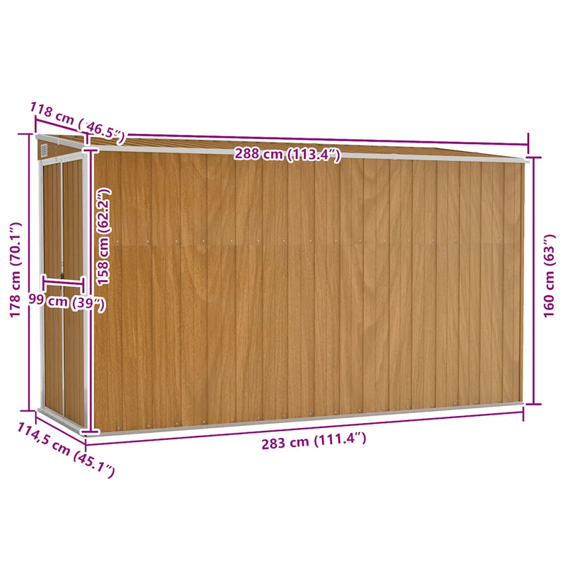 Wall-mounted Garden Shed Brown 118x288x178 cm Galvanised Steel