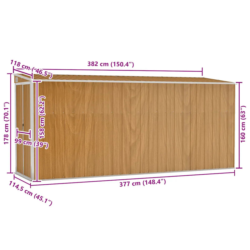 Wall-mounted Garden Shed Brown 118x382x178 cm Galvanised Steel