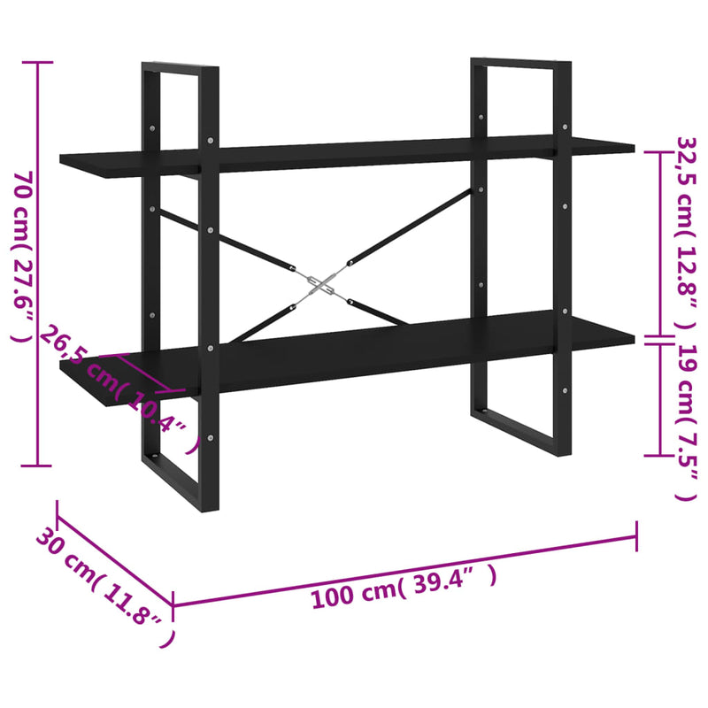 vidaXL 2-Tier Book Cabinet Black 100x30x70 cm Engineered Wood