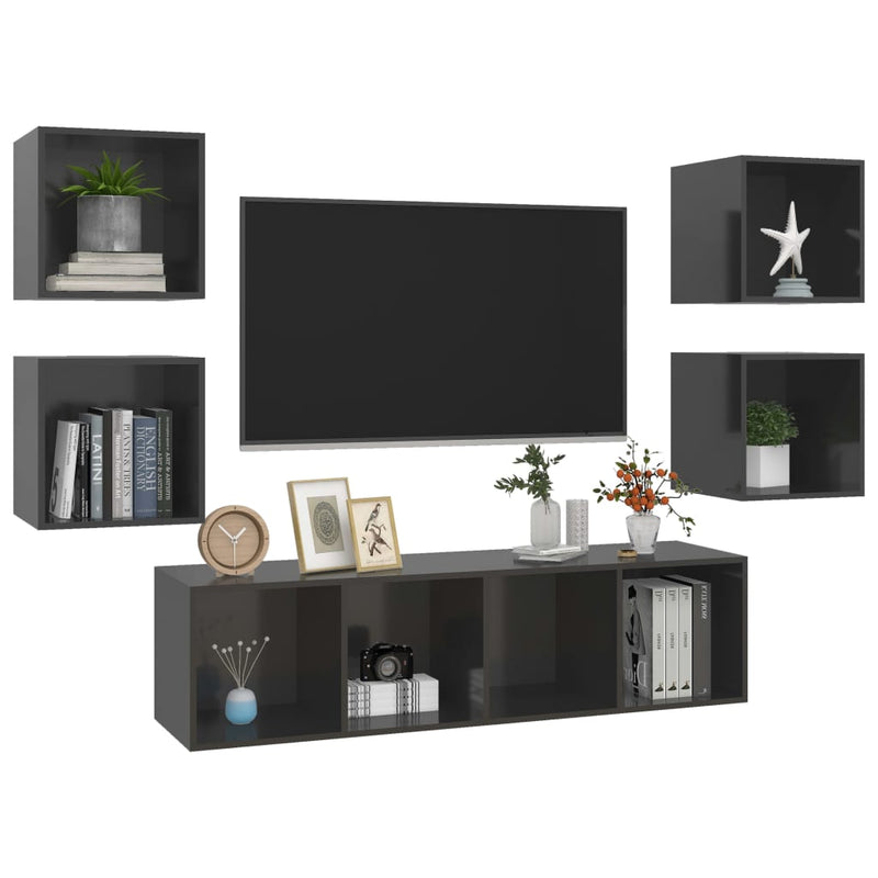 vidaXL 5 Piece TV Cabinet Set High Gloss Grey Engineered Wood