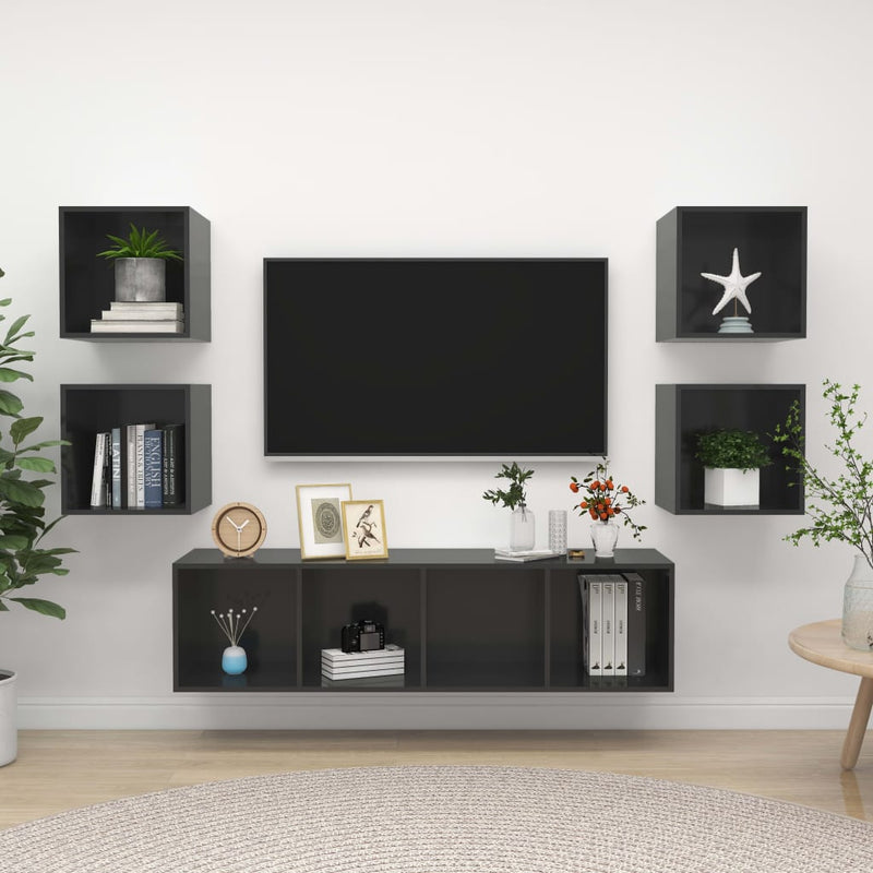 vidaXL 5 Piece TV Cabinet Set High Gloss Grey Engineered Wood