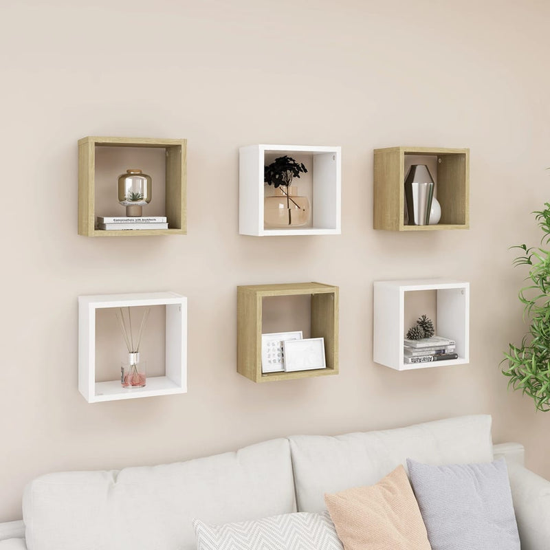 vidaXL Wall Cube Shelves 6 pcs White and Sonoma Oak 26x15x26 cm
