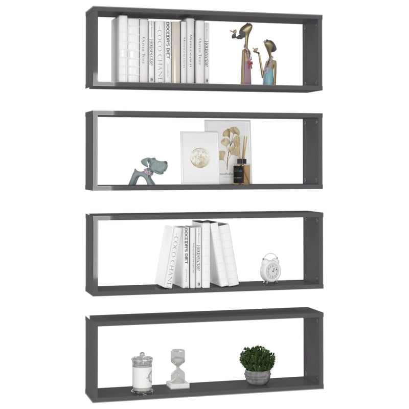 vidaXL Wall Cube Shelves 4 pcs High Gloss Grey 80x15x26.5 cm Engineered Wood