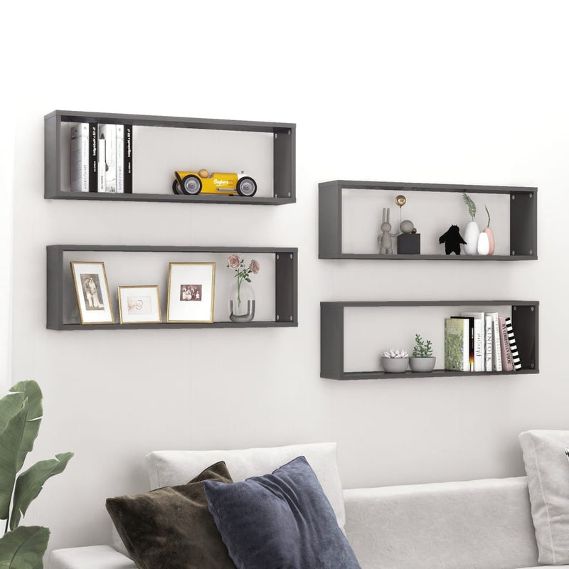 vidaXL Wall Cube Shelves 4 pcs High Gloss Grey 80x15x26.5 cm Engineered Wood