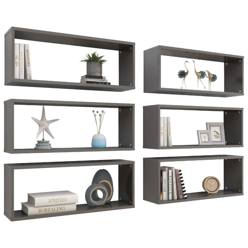 vidaXL Wall Cube Shelves 6 pcs High Gloss Grey 60x15x23 cm Engineered Wood