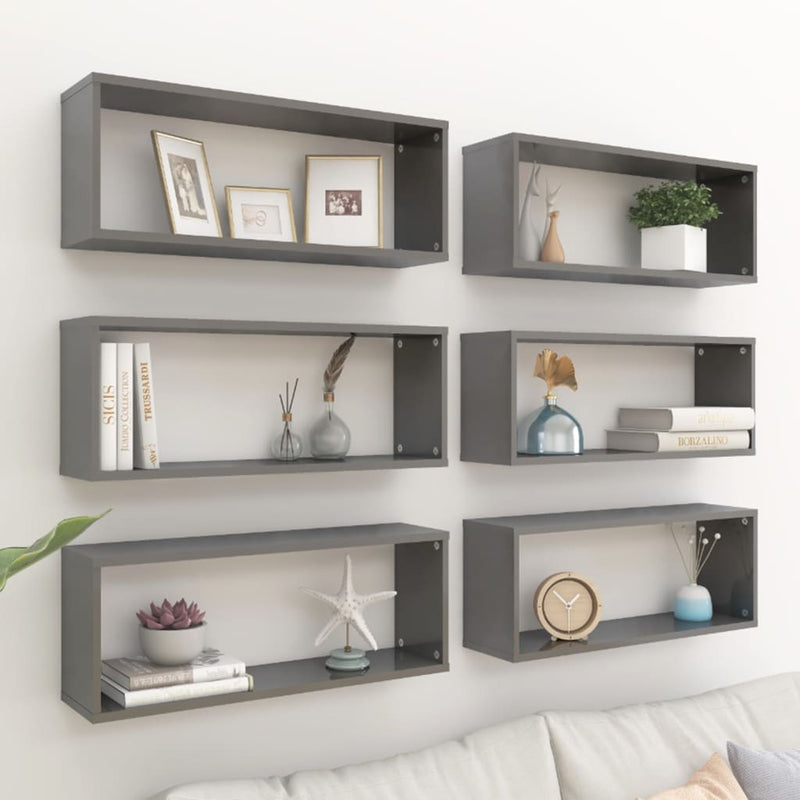 vidaXL Wall Cube Shelves 6 pcs High Gloss Grey 60x15x23 cm Engineered Wood