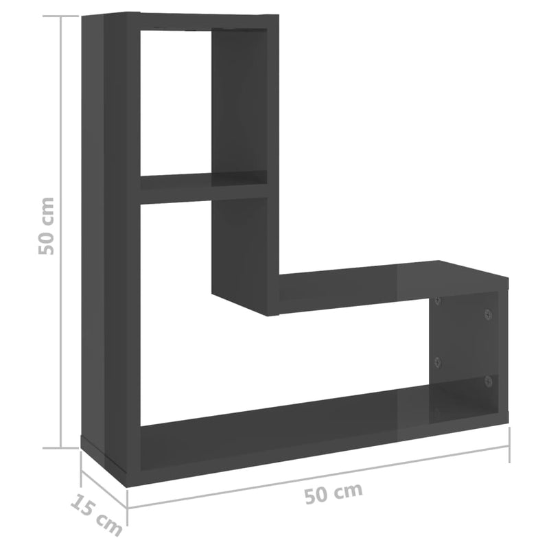 vidaXL Wall Shelves 2 pcs High Gloss Grey 50x15x50 cm Engineered Wood