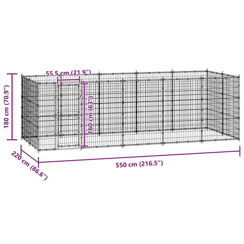 vidaXL Outdoor Dog Kennel Steel 12.1 m²