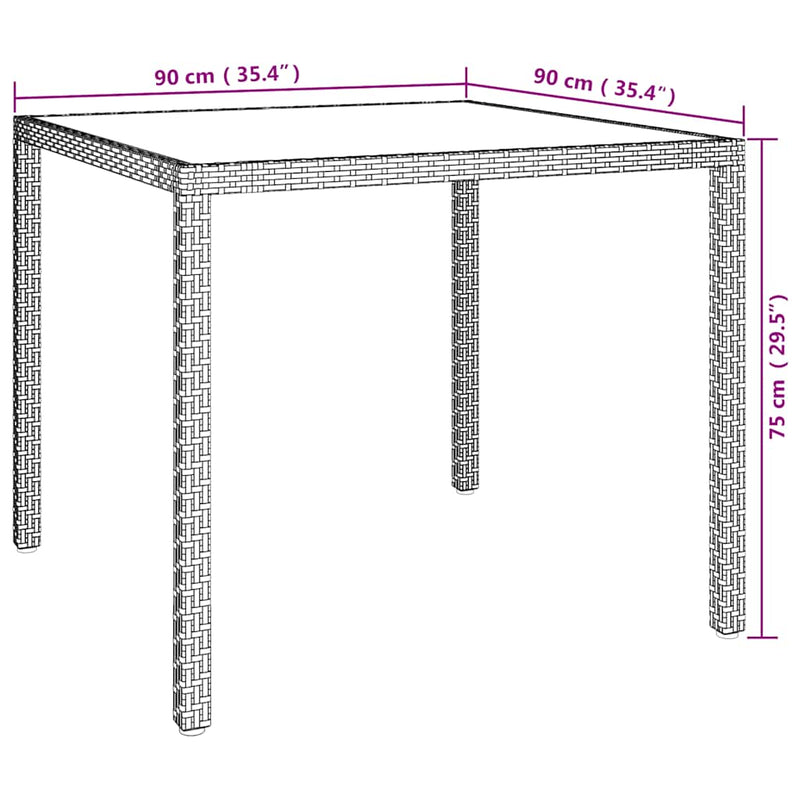 vidaXL Garden Table 90x90x75 cm Tempered Glass and Poly Rattan Grey