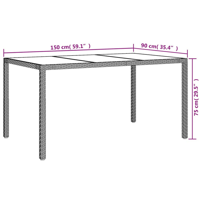 vidaXL Garden Table 150x90x75 cm Tempered Glass and Poly Rattan Black