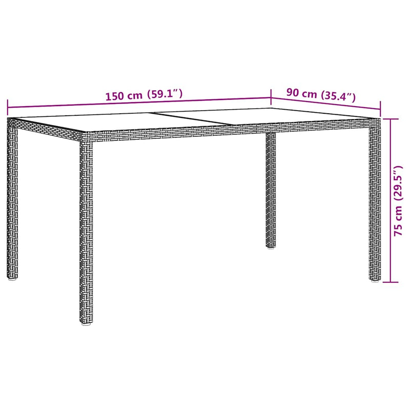 vidaXL Garden Table 150x90x75 cm Tempered Glass and Poly Rattan Beige