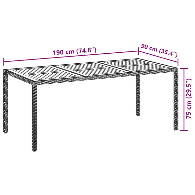 vidaXL Garden Table 190x90x75 cm Poly Rattan and Acacia Wood Grey
