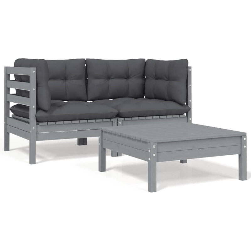 vidaXL 3 Piece Garden Lounge Set with Cushions Grey Solid Pinewood