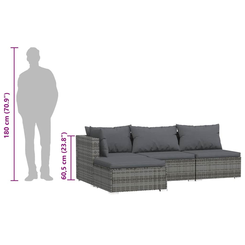 4 Piece Garden Lounge Set with Cushions Grey Poly Rattan