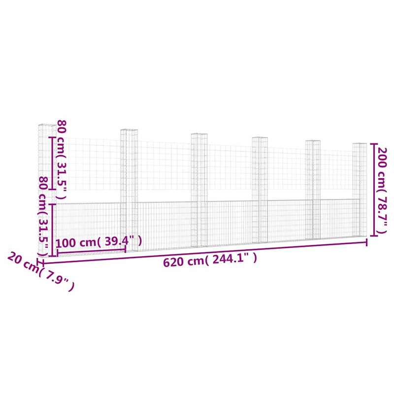 vidaXL U-shape Gabion Basket with 6 Posts Iron 620x20x200 cm