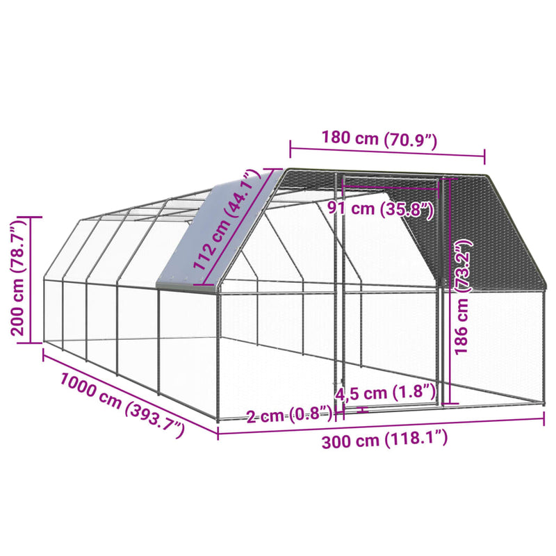 vidaXL Outdoor Chicken Cage 3x10x2 m Galvanised Steel