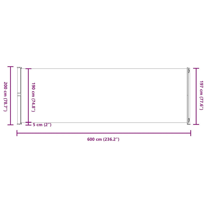 vidaXL Patio Retractable Side Awning 200x600 cm Grey