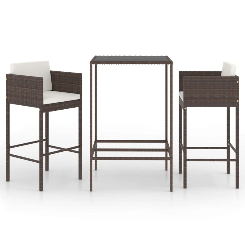 vidaXL 3 Piece Garden Bar Set with Cushions Poly Rattan Brown