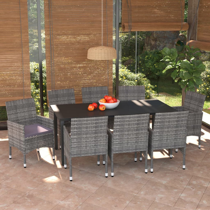 vidaXL 9 Piece Garden Dining Set with Cushions Poly Rattan Grey