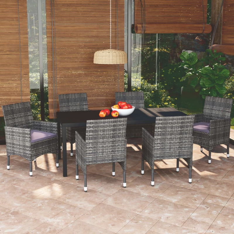 vidaXL 7 Piece Garden Dining Set with Cushions Poly Rattan Grey