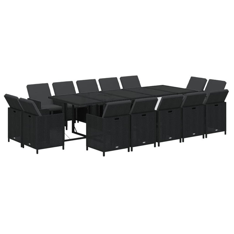vidaXL 15 Piece Garden Dining Set with Cushions Poly Rattan Black