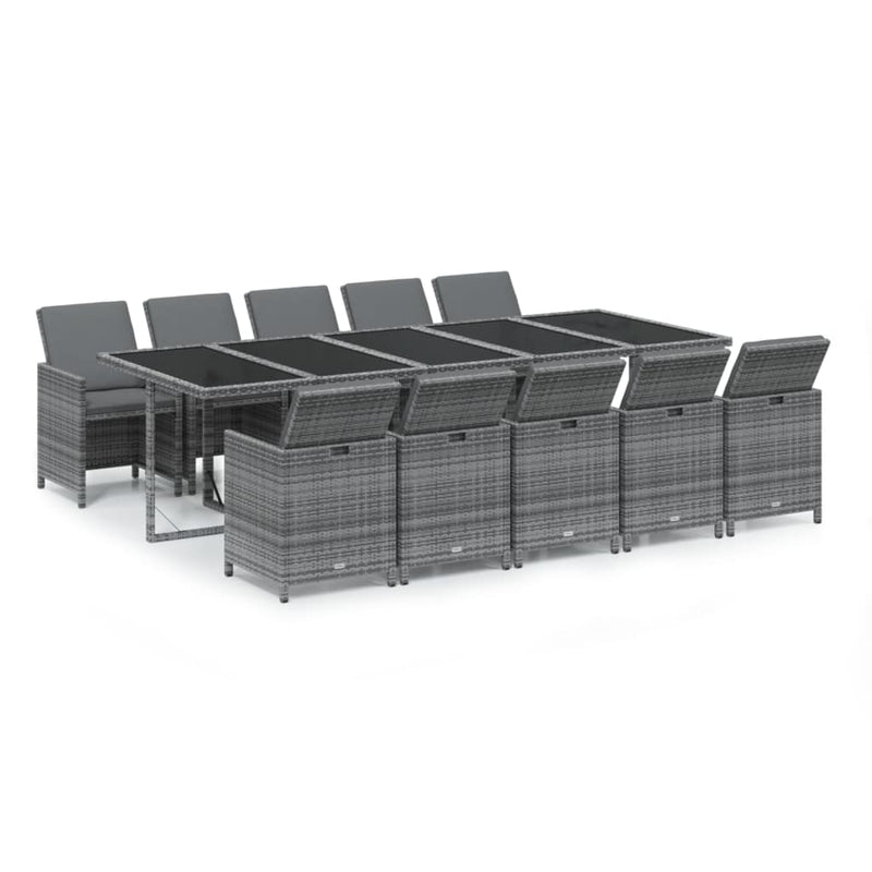 vidaXL 11 Piece Garden Dining Set with Cushions Poly Rattan Grey