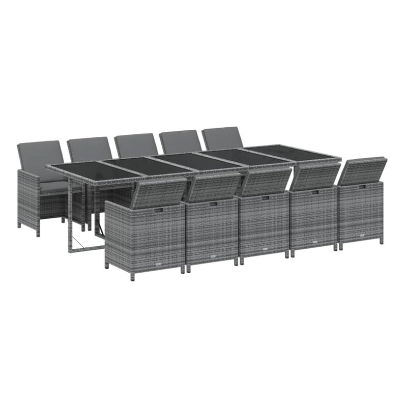 vidaXL 11 Piece Garden Dining Set with Cushions Poly Rattan Grey