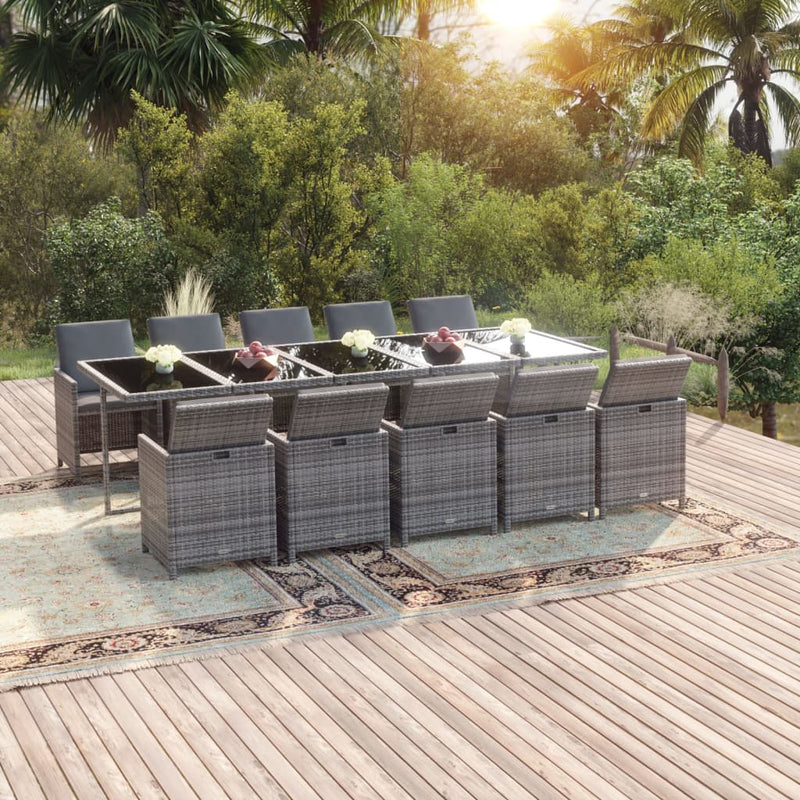 vidaXL 11 Piece Garden Dining Set with Cushions Poly Rattan Grey