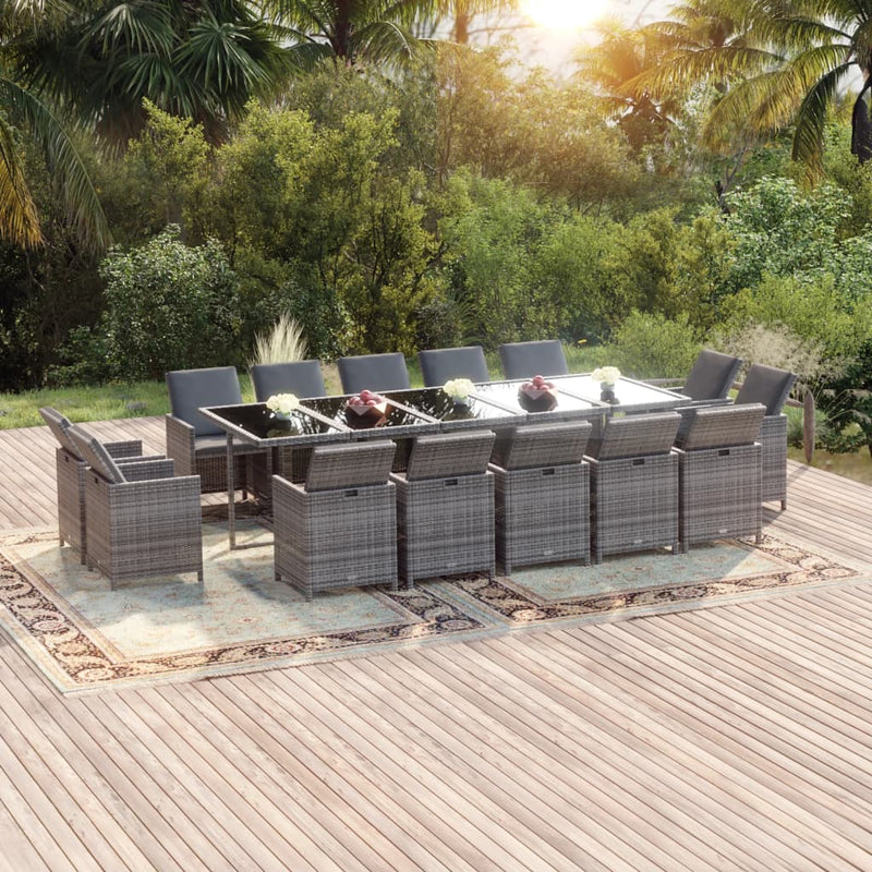 vidaXL 15 Piece Garden Dining Set with Cushions Poly Rattan Grey