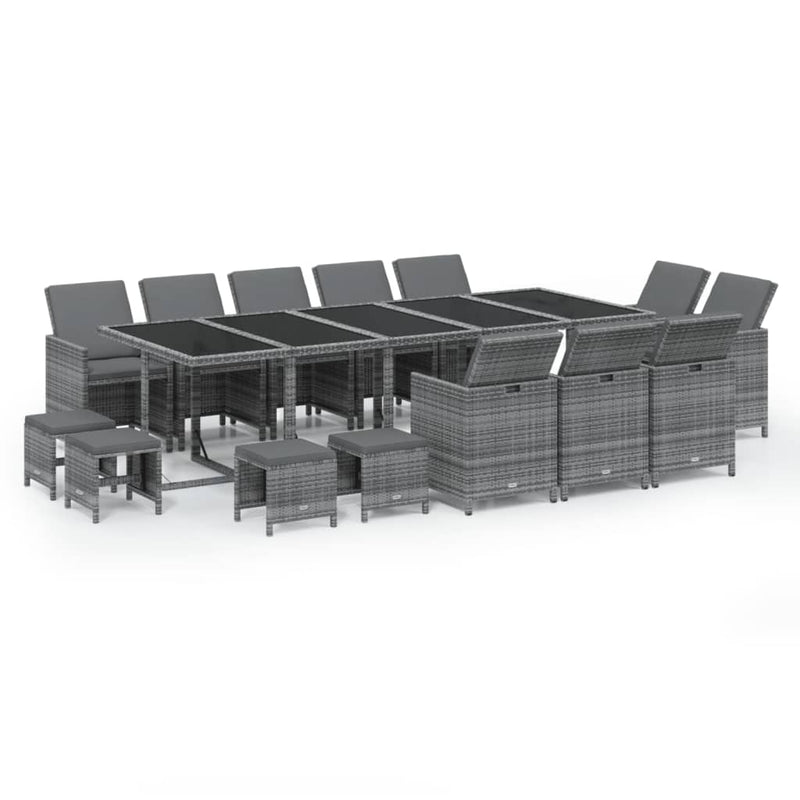 vidaXL 15 Piece Garden Dining Set with Cushions Poly Rattan Grey