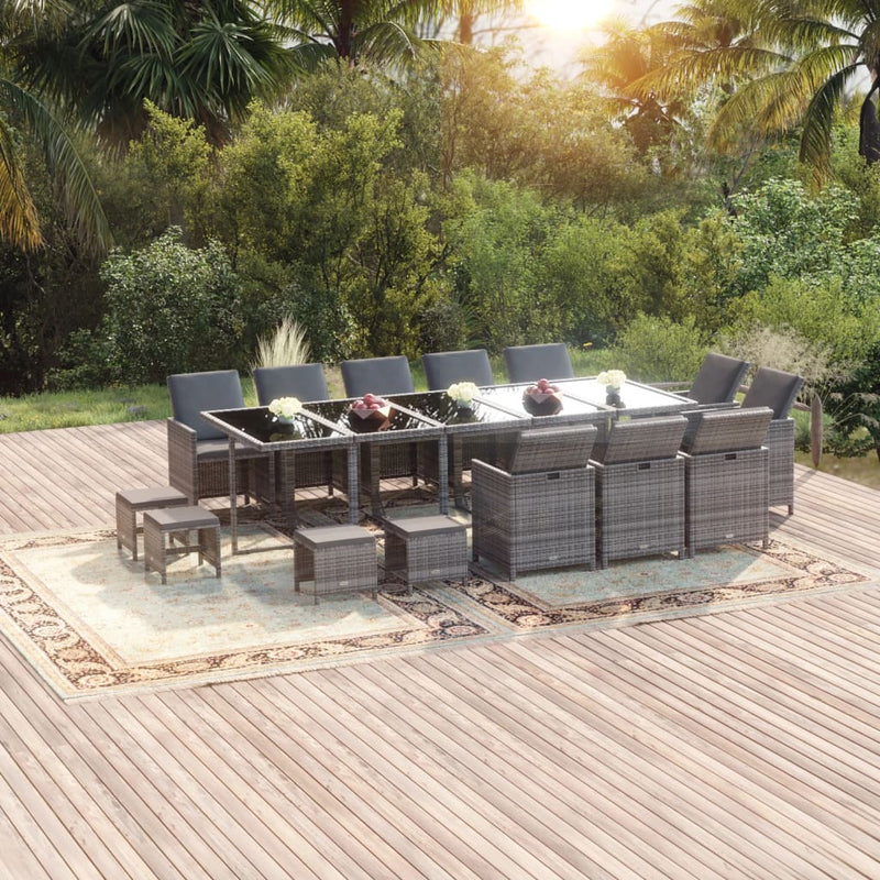 vidaXL 15 Piece Garden Dining Set with Cushions Poly Rattan Grey